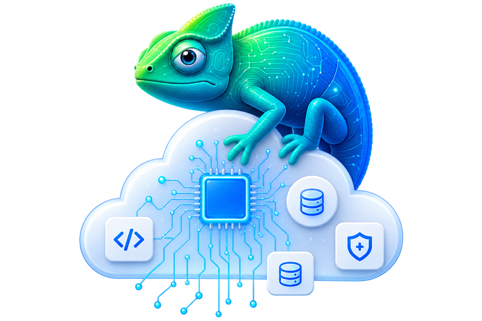 Camaleon tecnologico sobre una nube con circuitos e iconos digitales